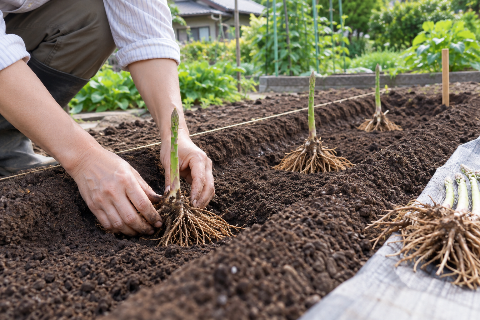 アスパラガスの株を植え付ける様子
