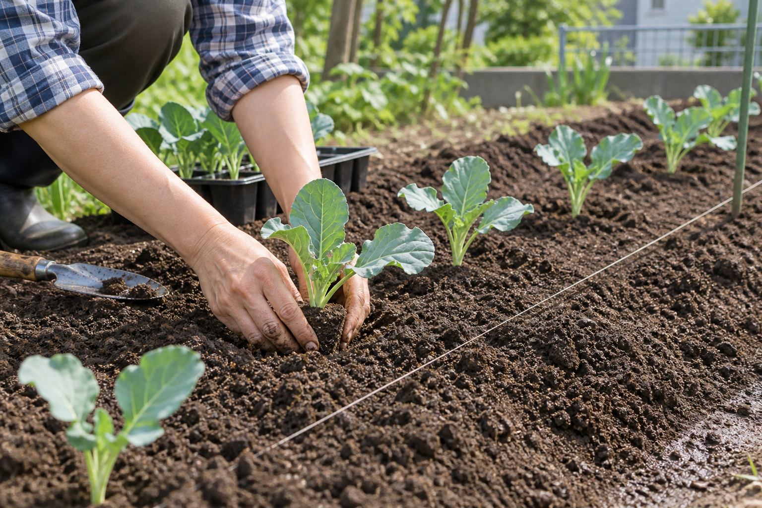 ブロッコリーの苗を畝へ植え付ける様子