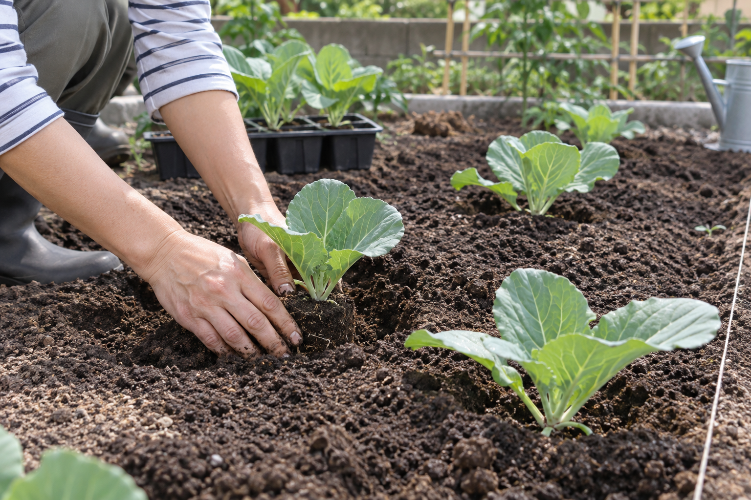 キャベツの苗を畝へ植え付ける様子
