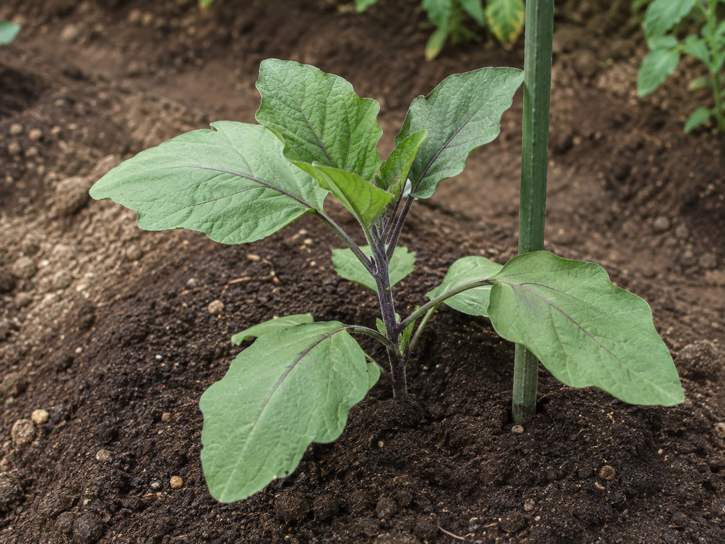 支柱のそばへ植え付けるなすの苗