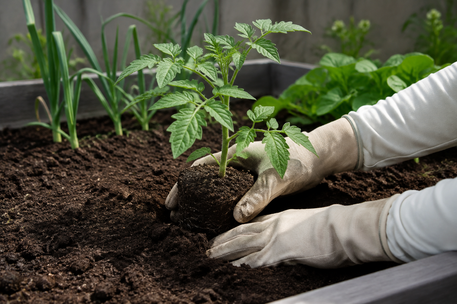 畝に植え付ける前の、元気なミニトマトの苗