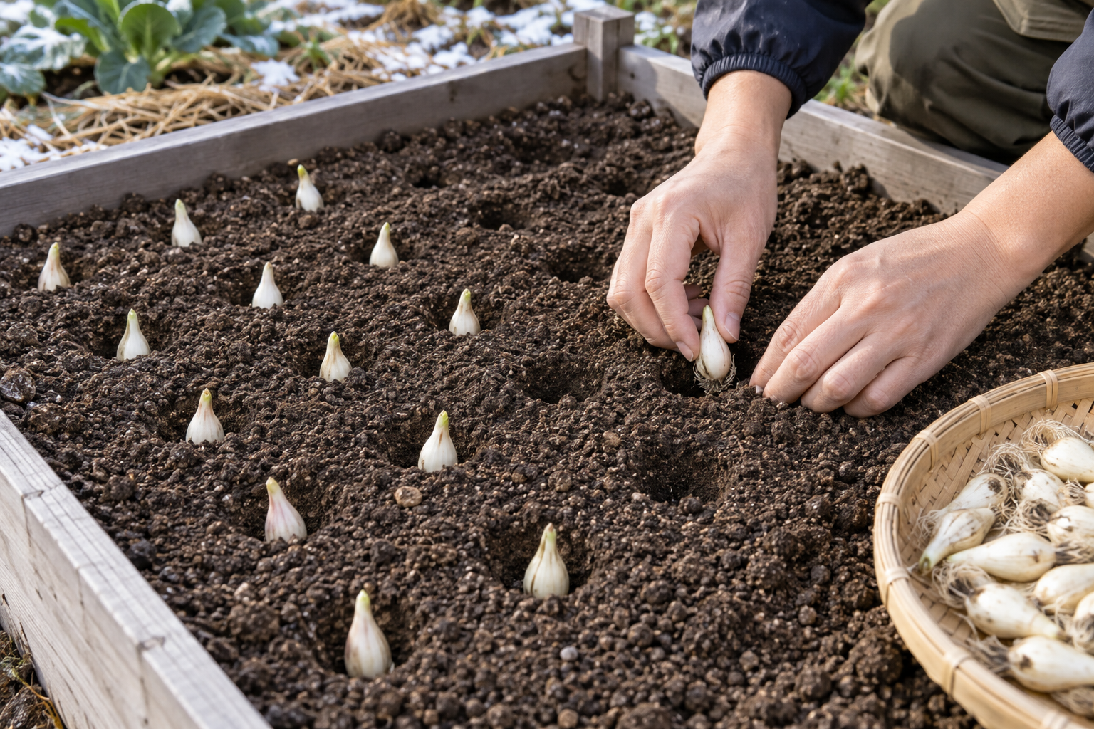 らっきょうの種球を植え穴へ植え付ける様子