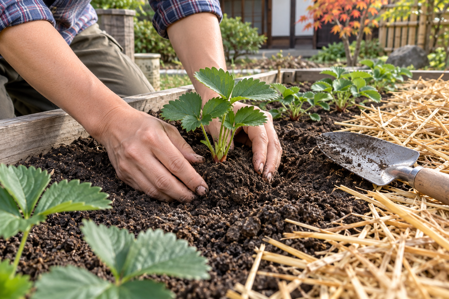 クラウンを土に埋めないようイチゴ苗を植え付ける様子