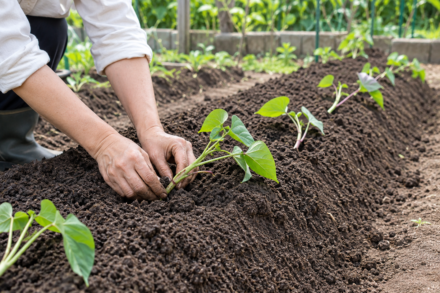 サツマイモのつる苗を畝へ植え付ける様子