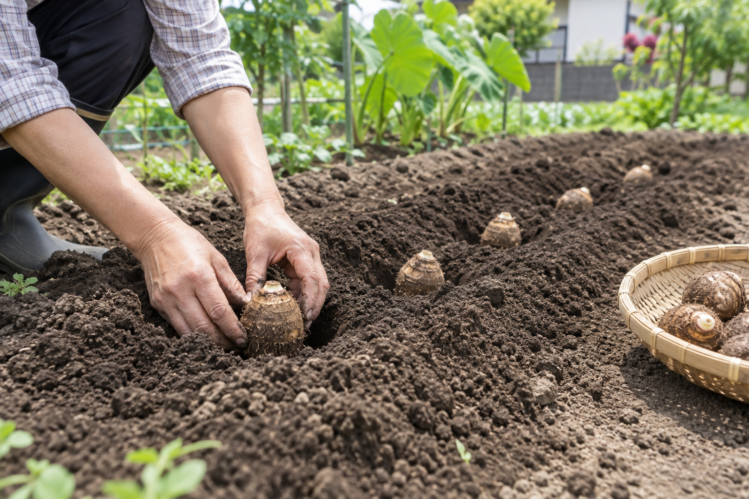 サトイモの種いもを畝へ植え付ける様子