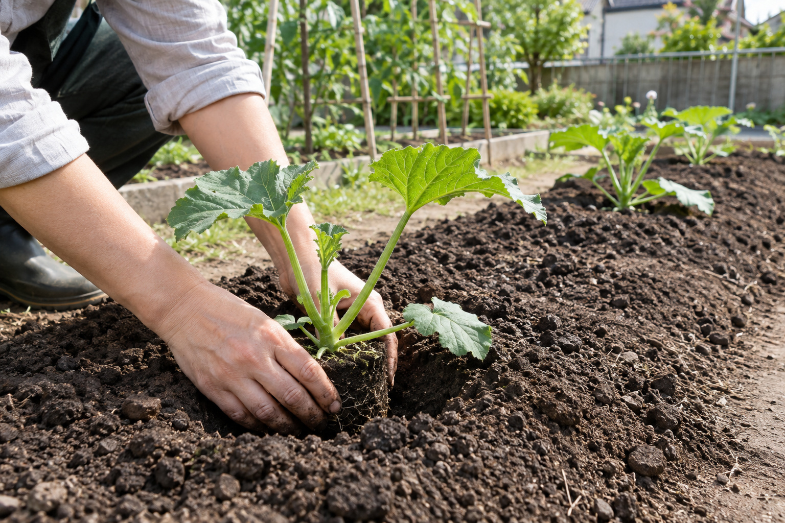 ズッキーニの苗を畝へ植え付ける様子